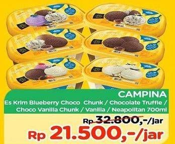 Promo Harga CAMPINA Ice Cream Blueberry Choco Chunk, Chocolate Chunks, Chocolate Truffle, Neapolitan, Vanilla 700 ml - TIP TOP