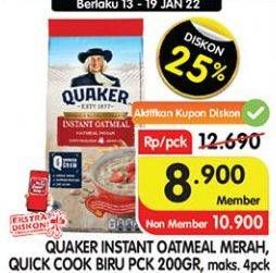 Promo Harga QUAKER Oatmeal Instant, Quick Cooking 200 gr - Superindo