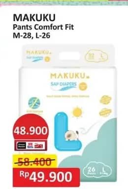 Promo Harga Makuku Comfort Fit Diapers Pants M28, L26 26 pcs - Alfamart