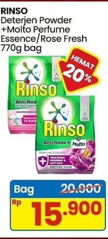 Promo Harga Rinso Anti Noda Deterjen Bubuk + Molto Purple Perfume Essence, + Molto Pink Rose Fresh 770 gr - Indomaret