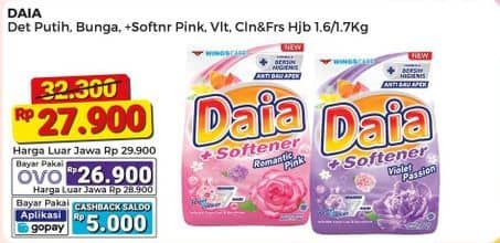 Promo Harga Daia Deterjen Bubuk Putih, Bunga, + Softener Pink, + Softener Violet, Clean Fresh Hijab 1700 gr - Alfamart