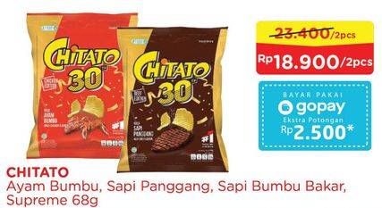 Promo Harga CHITATO Snack Potato Chips Ayam Bumbu, Sapi Panggang, Sapi Bumbu Bakar per 2 pcs 68 gr - Alfamart