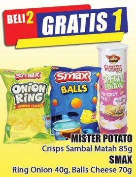 Promo Harga MISTER POTATO Crisps Sambal Matah 85gr/SMAX Ring Onion 40gr/SMAX Ball Cheese 70gr  - Hari Hari