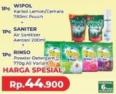 Promo Harga WIPOL Karbol Wangi Lemon/Cemara 780ml, SANITER Air Sanitizer Aerosol 200ml, RINSO Powder Detergent 770g  - Yogya
