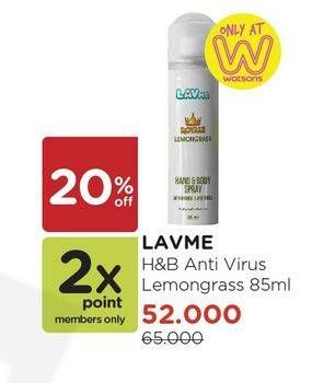 Promo Harga LAVME Hand & Body Spray Anti Virus & Nyamuk Lemongrass 85 ml - Watsons