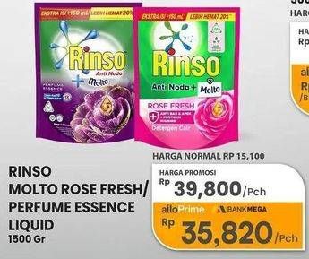 Promo Harga Rinso Liquid Detergent + Molto Purple Perfume Essence, + Molto Pink Rose Fresh 1500 ml - Carrefour