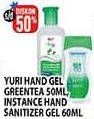 Promo Harga YURI HAND GEL GREENTEA 50ML, INSTANCE HAND SANITIZER GEL 60ML  - Hypermart