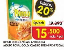 Promo Harga RINSO Anti Noda + Molto Liquid Detergent Royal Gold, Classic 750 ml - Superindo