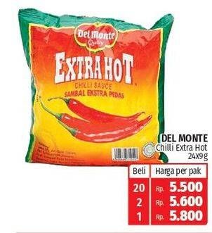 Promo Harga DEL MONTE Sauce Extra Hot Chilli per 24 sachet 9 gr - Lotte Grosir