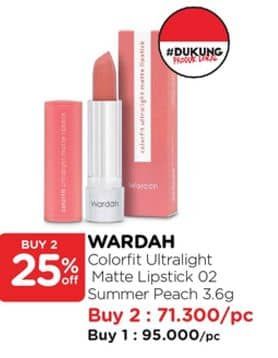Promo Harga Wardah Colorfit Ultralight Matte Lipstick 02 Summer Peach 3 gr - Watsons