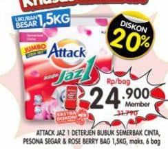 Promo Harga Attack Jaz1 Detergent Powder +Softener Rose Berry, Pesona Segar, Semerbak Cinta 1400 gr - Superindo