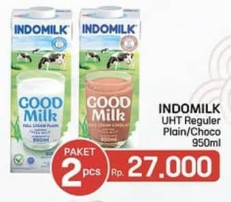 Promo Harga Indomilk Susu UHT Full Cream Plain, Cokelat 950 ml - LotteMart