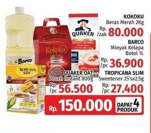 Promo Harga KOKOKU Organic Red Rice 2Kg + BARCO Minyak Goreng Kelapa 1000ml + TROPICANA SLIM Sweetener +QUAKER Oatmeal Instant 800gr  - LotteMart