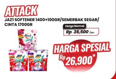 Promo Harga Attack Jaz1 Detergent Powder Semerbak Cinta, +Softener Rose Berry, Pesona Segar 1400 gr - Carrefour