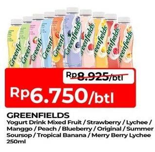 Promo Harga Greenfields Yogurt Drink Lychee, Mango, Mixed Fruit, Original, Peach, Blueberry, Soursop, Strawberry, Banana, Berry Lychee 250 ml - TIP TOP