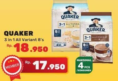 Promo Harga Quaker Oatmeal 3 In 1 Berry Burst, 3in1 Cokelat, 3in1 Vanilla, 3 In 1 Matcha per 8 pcs 28 gr - Yogya