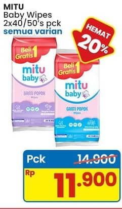 Promo Harga Mitu Baby Wipes Fresh & Clean All Variants per 2 pouch 40 pcs - Indomaret
