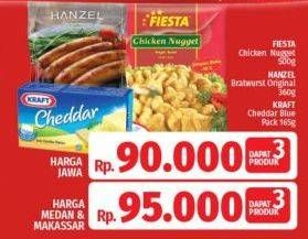 Promo Harga FIESTA Chicken Nugget 500g + HANZEL Bratwurst Original 360gr + KRAFT Cheddar  165gr  - LotteMart