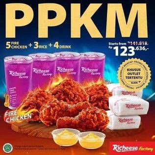 Promo Harga 5 Fire Chickens + 3 Rices + 4 Drinks  - Richeese Factory