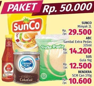 Promo Harga Sunco Minyak Goreng + ABC Sambal Extra Pedas + SUS Gula + Frisian Flag SKM  - LotteMart