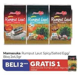 Promo Harga MAMASUKA Rumput Laut Panggang Salted Egg, BBQ, Spicy per 2 pcs 4 gr - Carrefour