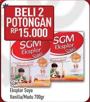 Promo Harga SGM Eksplor Soya 1-5 Susu Pertumbuhan Vanilla, Madu per 2 box 700 gr - Hypermart