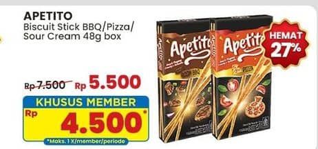 Promo Harga Apetito Biscuit Stick Sour Cream, Pizza, BBQ 48 gr - Indomaret