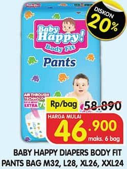 Promo Harga Baby Happy Body Fit Pants M32, L28, XL26, XXL24 24 pcs - Superindo