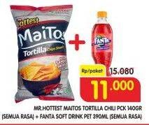 Promo Harga MR HOTTEST Maitos Tortila Chips 140gr + FANTA Minuman Soda 390ml  - Superindo