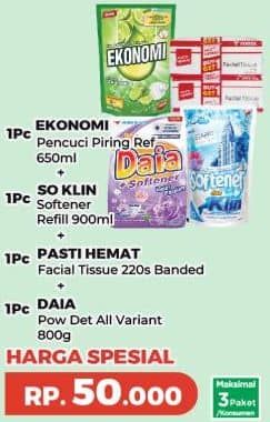 Promo Harga Ekonomi Pencuci Piring + So Klin Softener + Pasti Hemat Facial Tissue + Daia Detergent  - Yogya