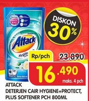 Promo Harga ATTACK Detergent Liquid Hygiene + Protect, Plus Softener 800 ml - Superindo