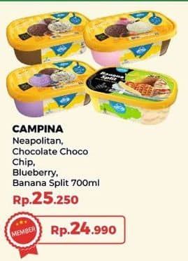 Promo Harga Campina Ice Cream Banana Split, Blueberry Choco Chunk, Chocolate, Neapolitan 700 ml - Yogya