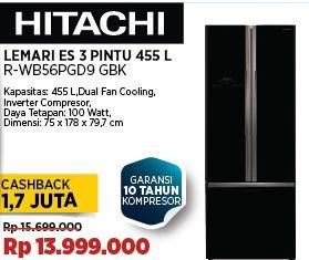 Hitachi Refrigerator Side By Side R-WB56PGD9GBW  Diskon 10%, Harga Promo Rp13.999.000, Harga Normal Rp15.699.000, - Kapasitas 455 Liter
- Dual Fan Cooling
- Inverter Compressor
- Daya Yeyapan : 100 Watt
- Dimensi : 75 x 178 x 79,7 cm
- Cashback Rp. 1.700.000
- Garansi 10 Tahun Kompresor