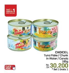 Promo Harga Choice L Tuna Flakes In Water, Chunk In Water, Chunk In Oil, Flake In Oil 185 gr - LotteMart