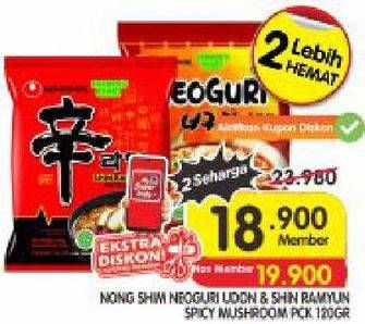 Promo Harga NONGSHIM Noodle Neoguri Udon, Shin Ramyun Shrimp Flavor, Shin Ramyun Spicy Mushroom 120 gr - Superindo