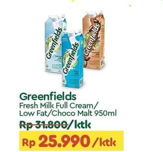 Promo Harga Greenfields Fresh Milk Full Cream, Low Fat, Choco Malt 1000 ml - TIP TOP