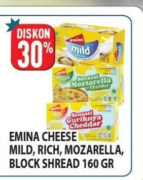 Promo Harga EMINA Cheddar Cheese Mild, Rich, Mozza, Shred 160 gr - Hypermart