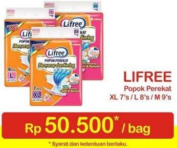 Promo Harga Lifree Popok Perekat Menyerap dan Kering XL7, L8, M9  - Indomaret