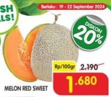 Melon Red Sweet per 100 gr Diskon 23%, Harga Promo Rp1.680, Harga Normal Rp2.190