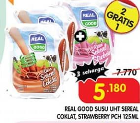 Promo Harga Real Good Susu UHT Sereal Coklat, Sereal Stroberi 125 ml - Superindo