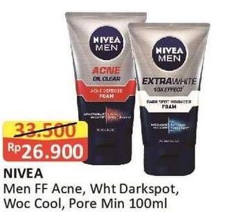 Promo Harga NIVEA MEN Facial Foam Acne Defense, Acne Oil Control, Extra White Dark Spot, Oil Control Men Cooling 100 ml - Alfamart