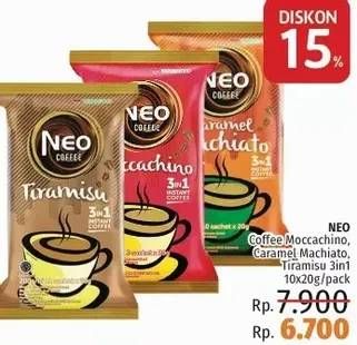 Promo Harga Neo Coffee 3 in 1 Instant Coffee Moccachino, Caramel Machiato, Tiramisu per 10 sachet 20 gr - LotteMart