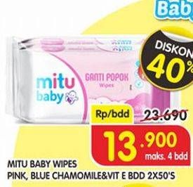 Promo Harga MITU Baby Wipes Pink, Blue per 2 pouch 50 pcs - Superindo