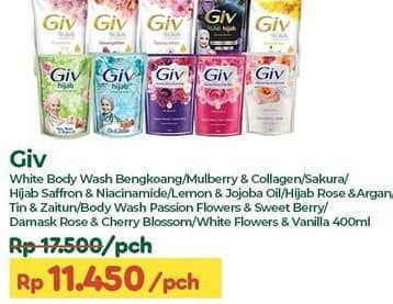 Promo Harga GIV Body Wash Bengkoang Yoghurt, Mulberry Collagen, Pearl Sakura, Saffron Niacinamide, Rose Water Argan Oil, Lemon Jojoba Oil, Hijab Tin Zaitun, Passion Flowers Sweet Berry, Damask Rose Cherry Blossom, White Flowers And Vanilla 400 ml - TIP TOP