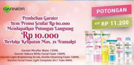 Promo Harga Garnier Micellar Water/Sakura White Foam/Light Complete Brightening Scrub /Light Complete Brightening Foam/Facial Foam   - Hypermart
