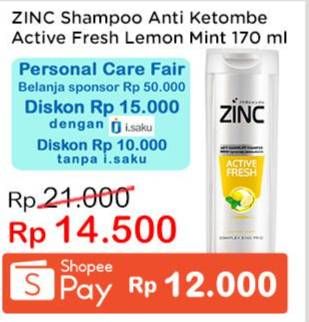 Promo Harga ZINC Shampoo Active Fresh Lemon 170 ml - Indomaret
