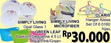 Promo Harga GREEN LEAF Baskom Sequanna 4.5ltr Blue Pink Green, SIMPLY LIVING Opal Glass/Microfiber, CLARIS Hanger Alissa Hijau 0160 Set of 6  - Giant