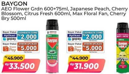 Promo Harga Baygon Insektisida Spray Flower Garden, Japanese Peach, Cherry Blossom, Citrus Fresh 600 ml - Alfamart