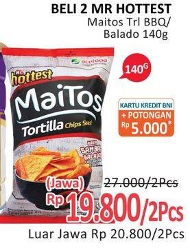 Promo Harga MR HOTTEST Maitos Tortilla Chips Jagung BBQ, Sambal Balado, BBQ Fiesta 140 gr - Alfamidi