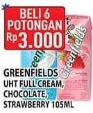 Promo Harga Greenfields UHT Full Cream, Choco Malt, Chocolate, Strawberry 105 ml - Hypermart